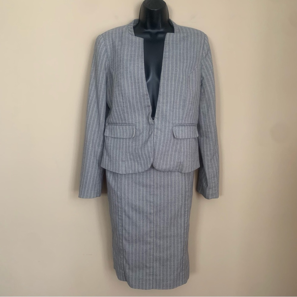 Worthington Gray Tan Stripe Skirt Suit Set